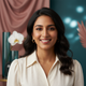 Smiling South Asian woman in her late 20s, looking confidently at the viewer, with a soft deep teal and rose background.