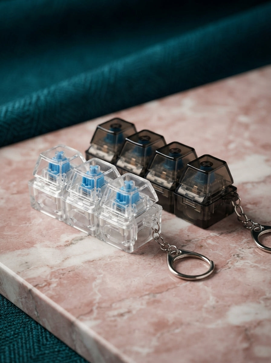 A mechanical keyboard switch fidget keychain on a rose marble surface with a deep teal background.