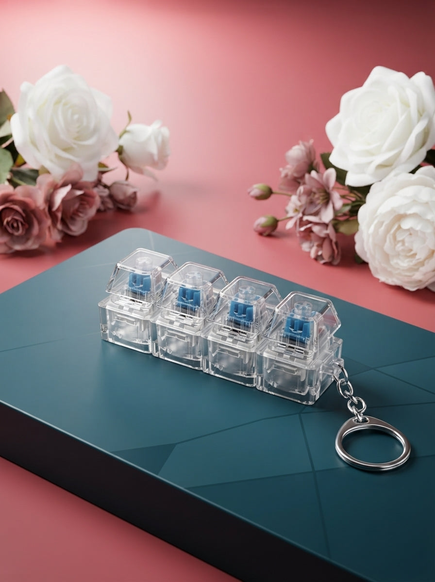 A mechanical keyboard switch fidget toy keychain placed on a deep teal surface with a rose-colored background.